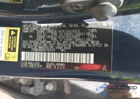 2012 Toyota Highlander Se V6 из США, поврежденный, VIN 5TDBK3EH6CS163157